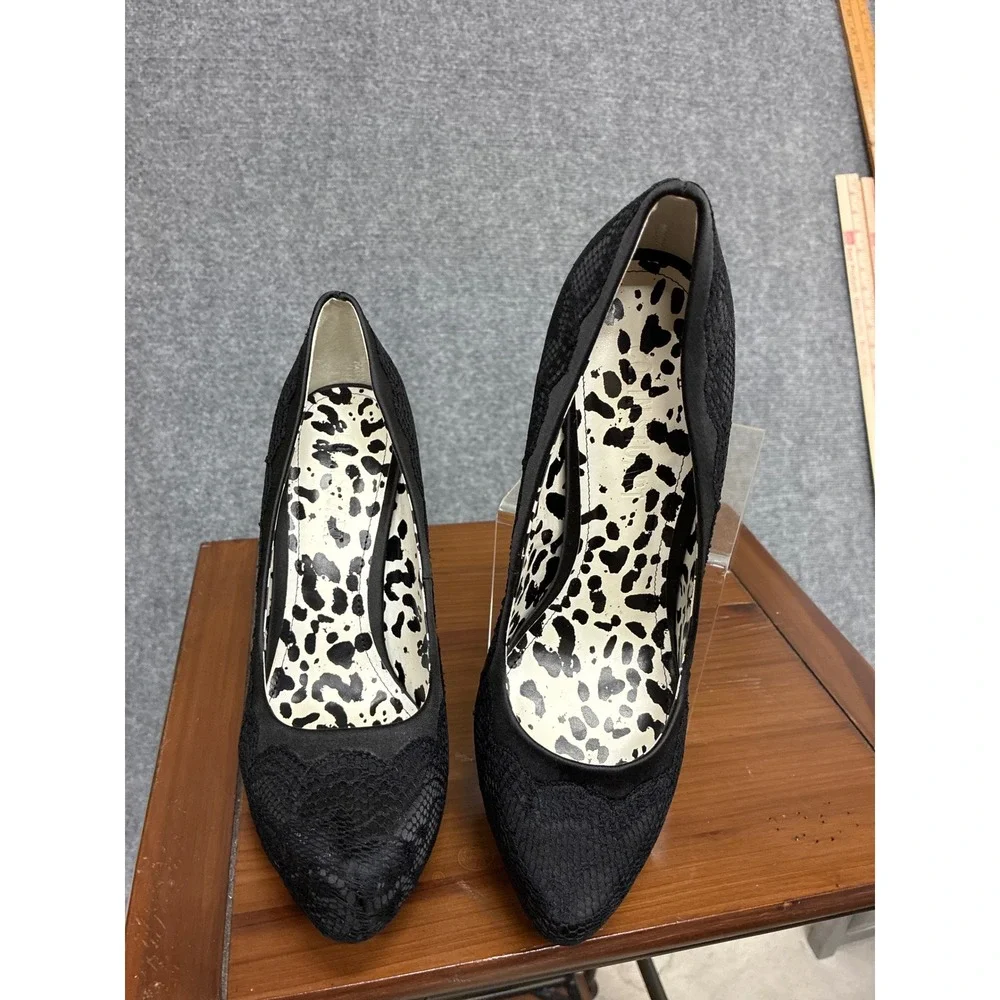 Colin Stuart ladBlack Lace Platform Pumps Leopard Print Insole Stiletto Heels 9B